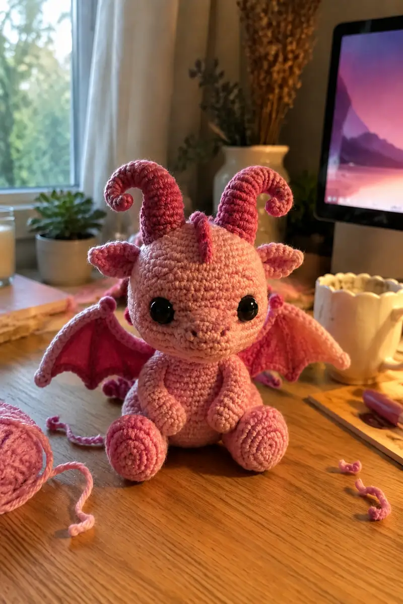 Small Pink Demon Dragon with Curled Horns Amigurumi Pattern crochet pattern - detailed view of completed project