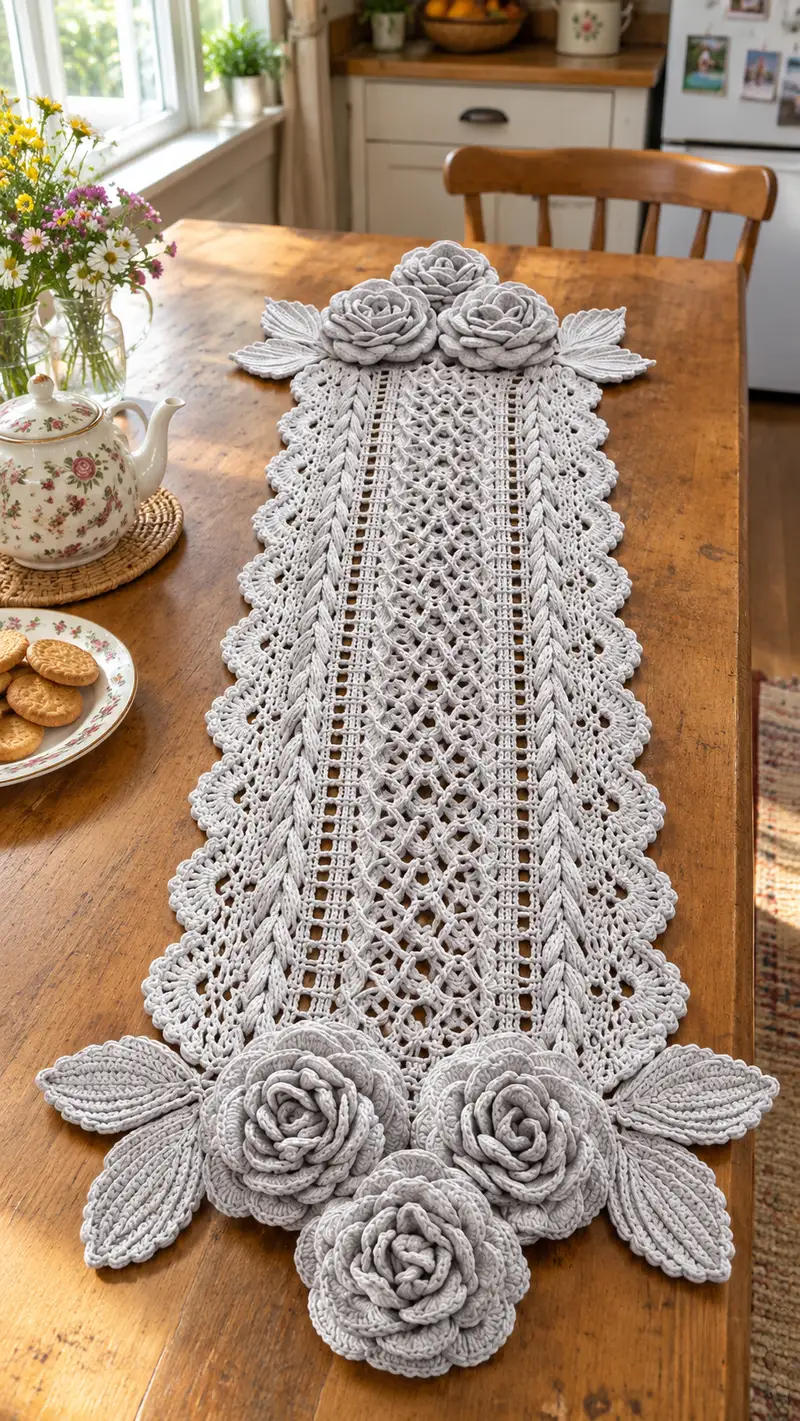 Lace Rose Table Runner Pattern crochet pattern - detailed view of completed project