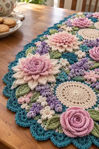 Cottage Rose Crochet Table Runner Pattern step 2 - assembly progress