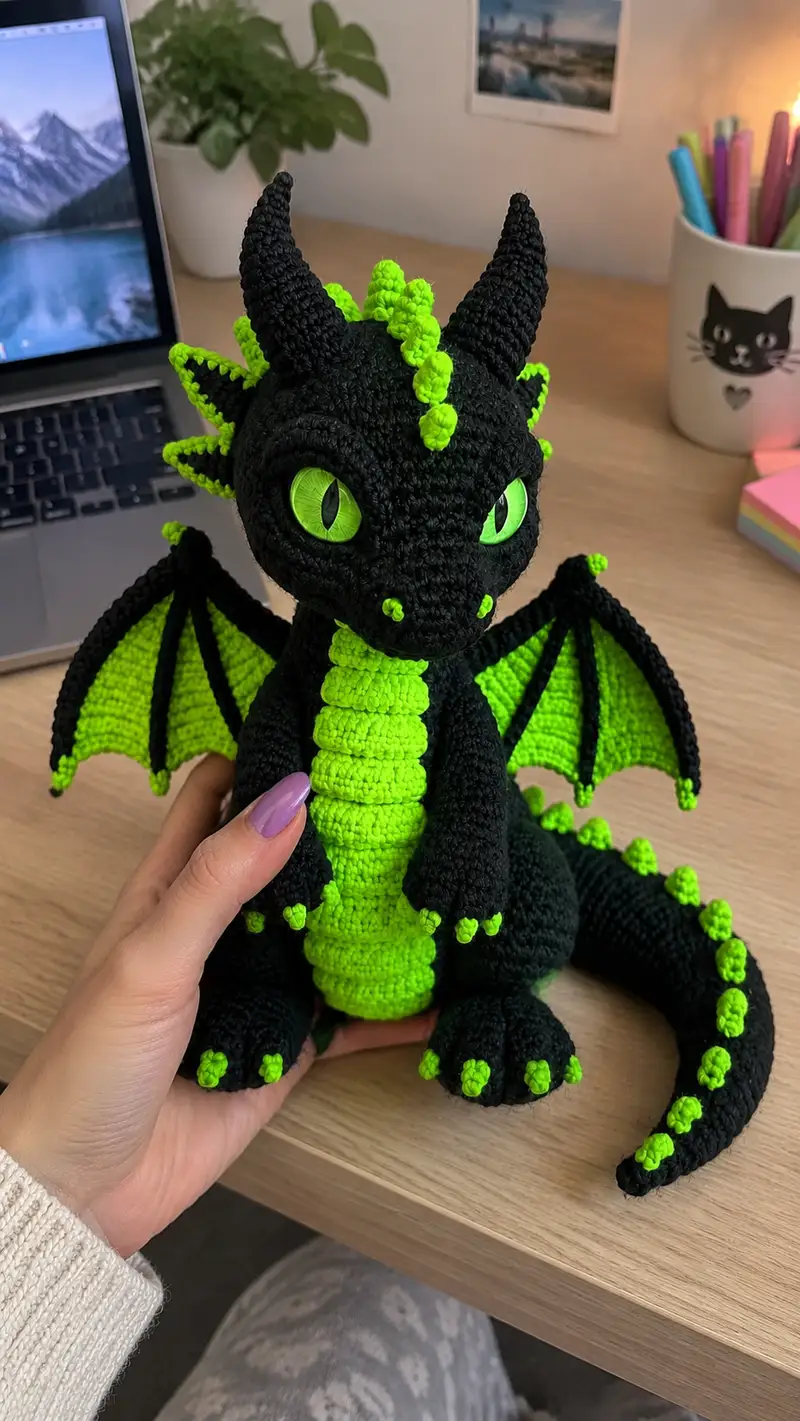 Neon Spine Dragon Amigurumi Pattern crochet pattern - detailed view of completed project