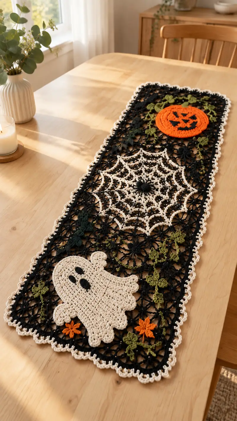Halloween Lace Table Runner Pattern crochet pattern - detailed view of completed project