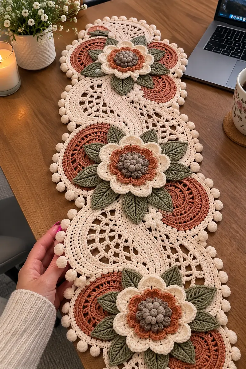 Elegant Floral Table Runner Pattern crochet pattern - detailed view of completed project