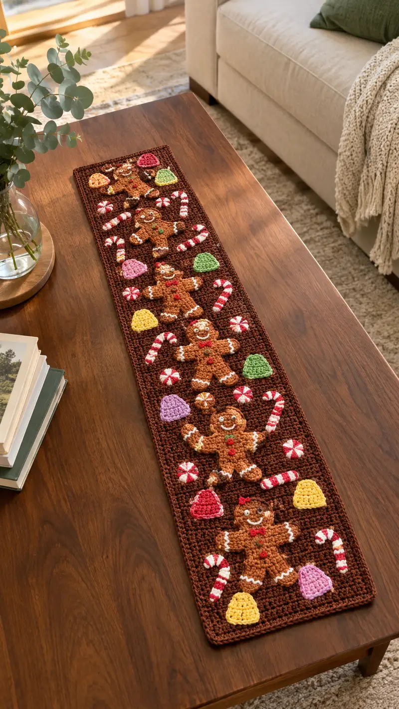 Gingerbread Parade Table Runner Pattern crochet pattern - detailed view of completed project