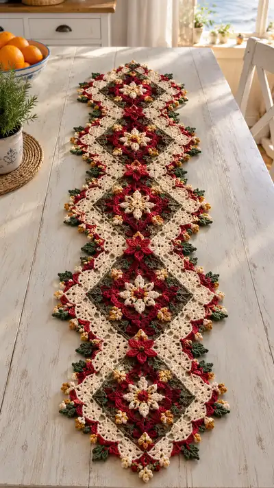 Cream And Burgundy Floral Diamond Table Runner Pattern step 1 - construction progress