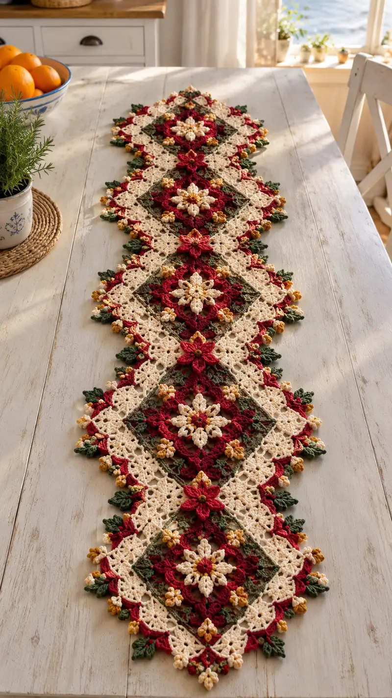 Cream And Burgundy Floral Diamond Table Runner Pattern crochet pattern - detailed view of completed project