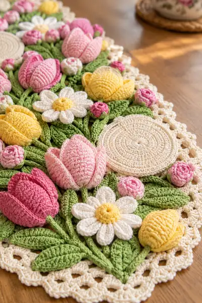 Spring Tulip Crochet Table Runner Pattern step 2 - assembly progress
