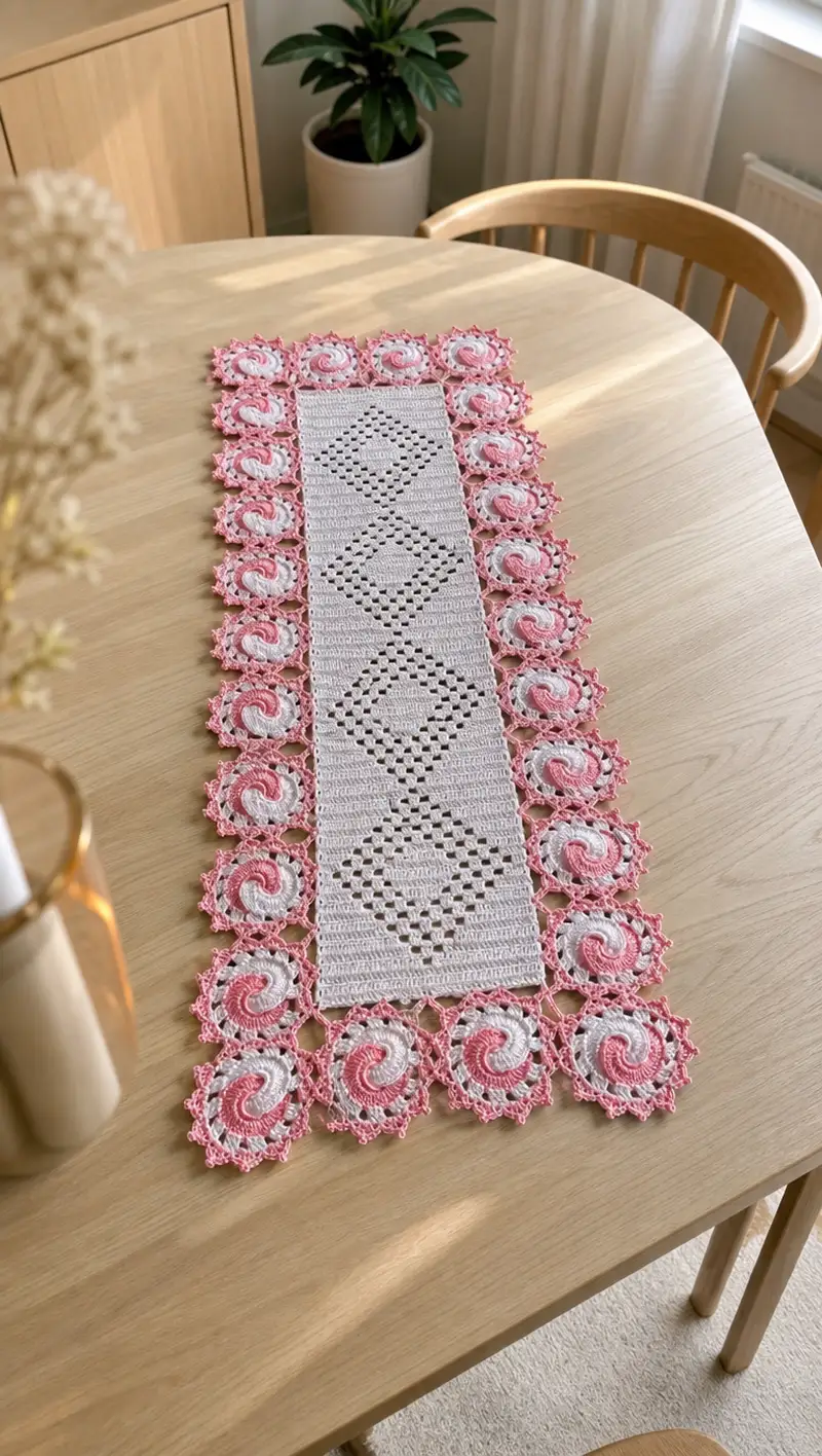 Elegant Diamond Filet Table Runner Pattern crochet pattern - detailed view of completed project