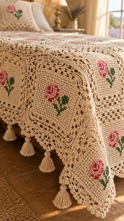 Cream Rose Granny Square Bedspread Pattern step 2 - assembly progress