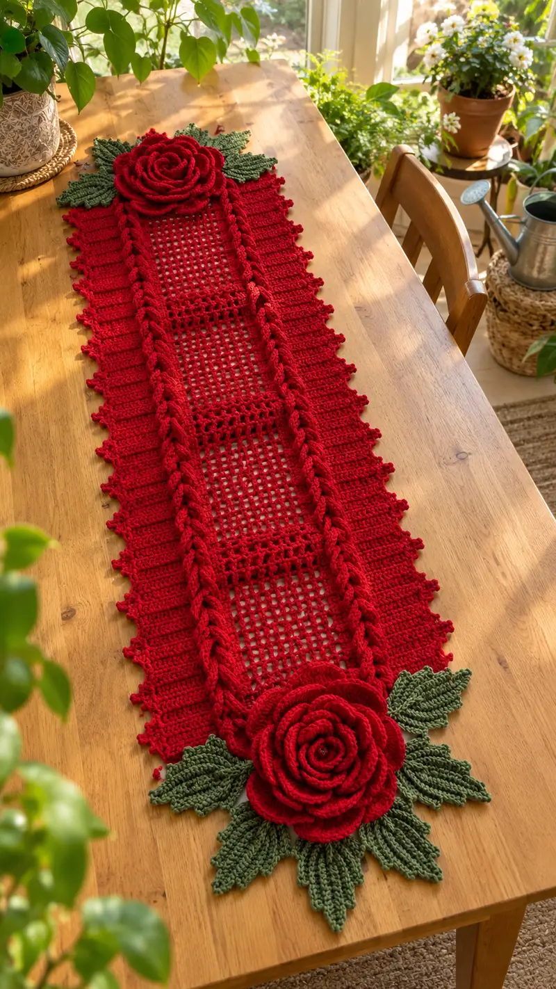 Elegant Rose Table Runner Pattern crochet pattern - detailed view of completed project