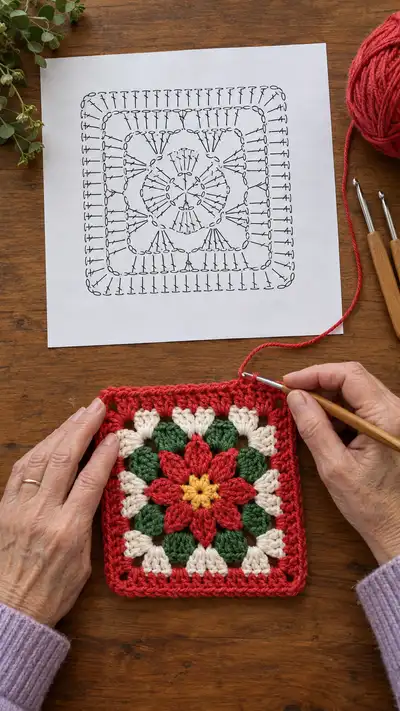 Festive Poinsettia Granny Square Pattern step 1 - construction progress