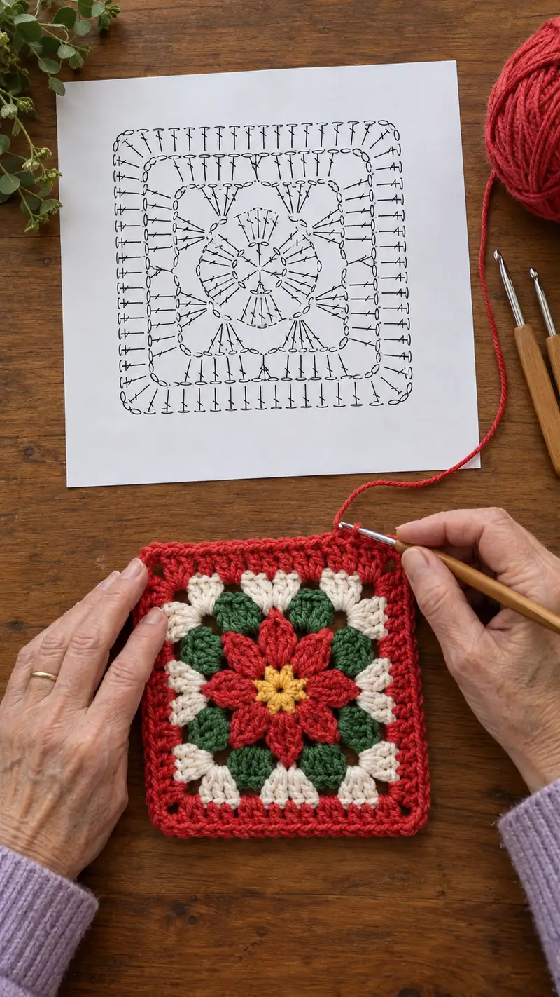 Festive Poinsettia Granny Square Pattern crochet pattern - detailed view of completed project