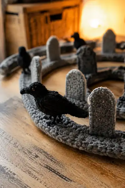 Grey Spiral Halloween Garland with Tombstones and Crows Pattern step 2 - assembly progress