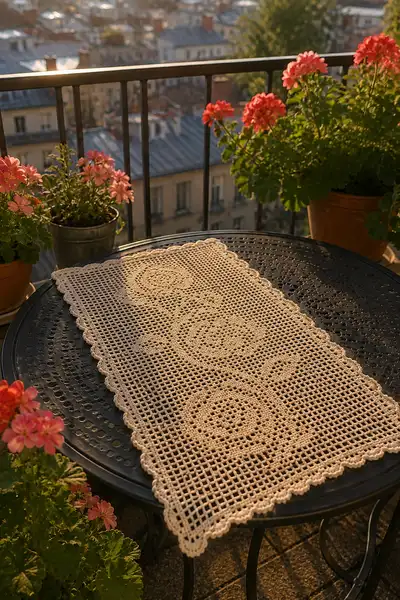 Vintage Rose Filet Crochet Table Runner Pattern step 1 - construction progress