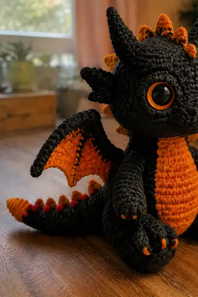 Small Black Demon Dragon with Orange Belly Amigurumi Pattern step 2 - assembly progress