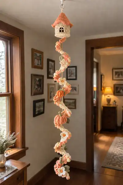 Peach and Cream Roof Spiral Garland with Pumpkins and Daisies Pattern step 1 - construction progress