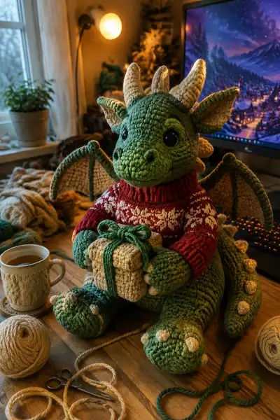 Big Cozy Christmas Dragon in a Knitted Sweater Holding a Gift Amigurumi Pattern step 1 - construction progress
