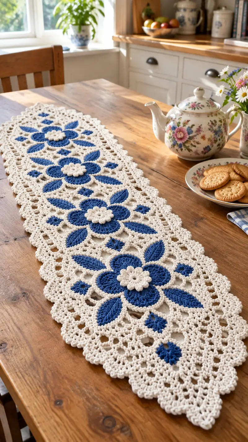 Blue Blossom Table Runner Pattern crochet pattern - detailed view of completed project