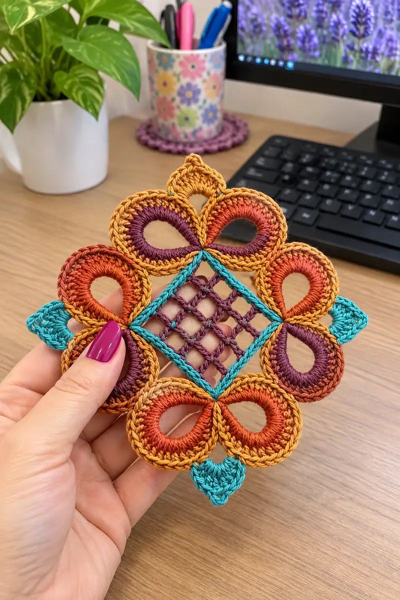 Boho Jewel Color Bedspread Motif Pattern crochet pattern - detailed view of completed project