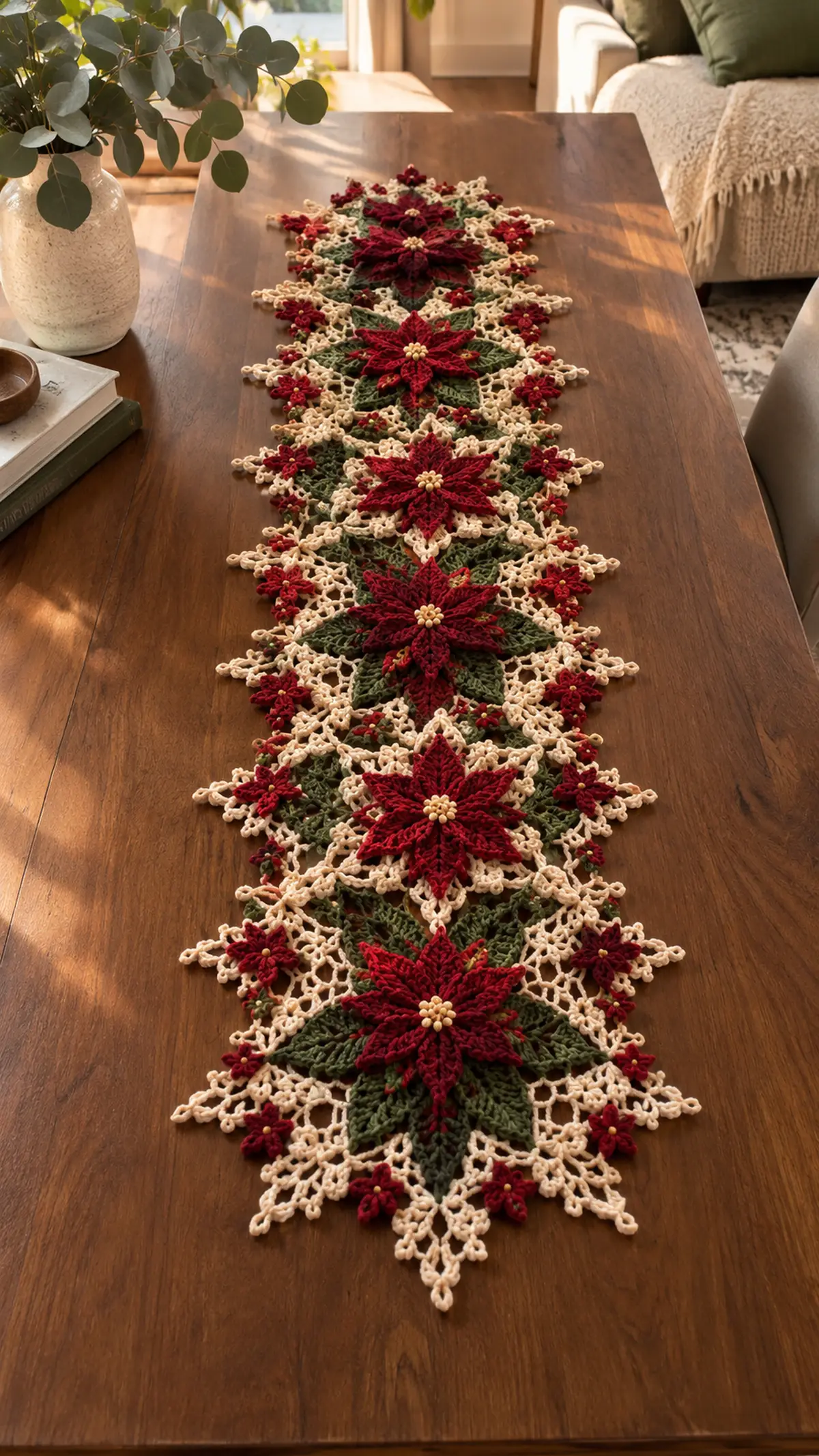 Crimson Poinsettia Green And Cream Table Runner Pattern