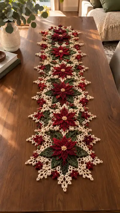 Crimson Poinsettia Green And Cream Table Runner Pattern step 1 - construction progress