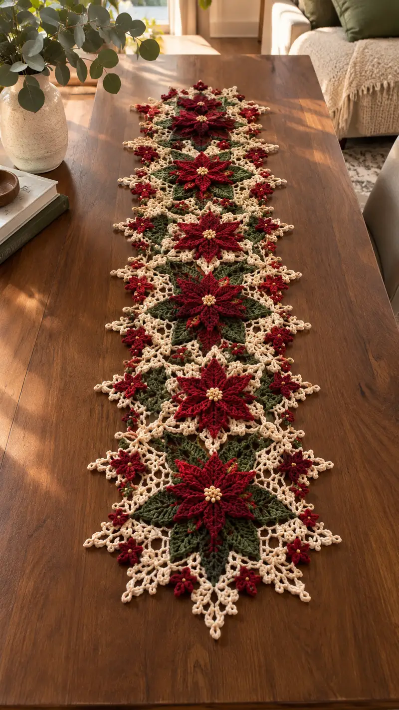 Crimson Poinsettia Green And Cream Table Runner Pattern crochet pattern - detailed view of completed project