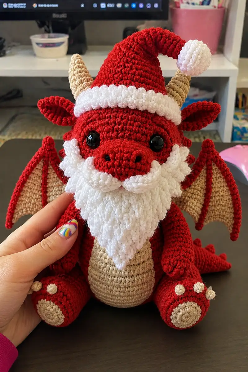 Santa Dragon with Red Hat and Fluffy White Beard Amigurumi Pattern crochet pattern - detailed view of completed project