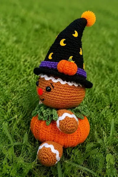 Pumpkin Witch Gingerbread Friend Amigurumi Pattern step 2 - assembly progress