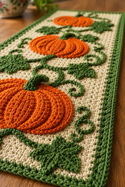 Orange Pumpkin Patch Halloween Table Runner Pattern step 2 - assembly progress