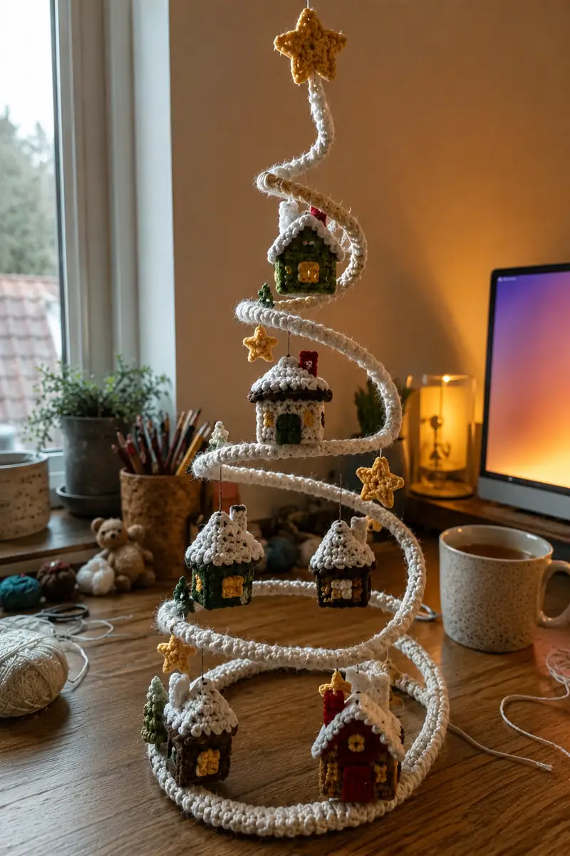 Snowy Roof Spiral Christmas Garland with Little Houses and Stars Pattern crochet pattern - detailed view of completed project