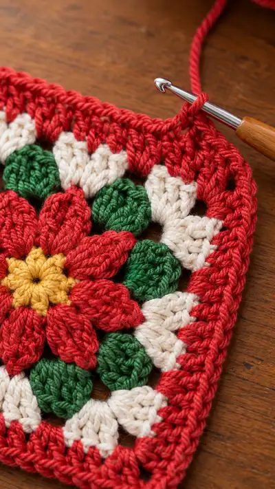 Festive Poinsettia Granny Square Pattern step 2 - assembly progress