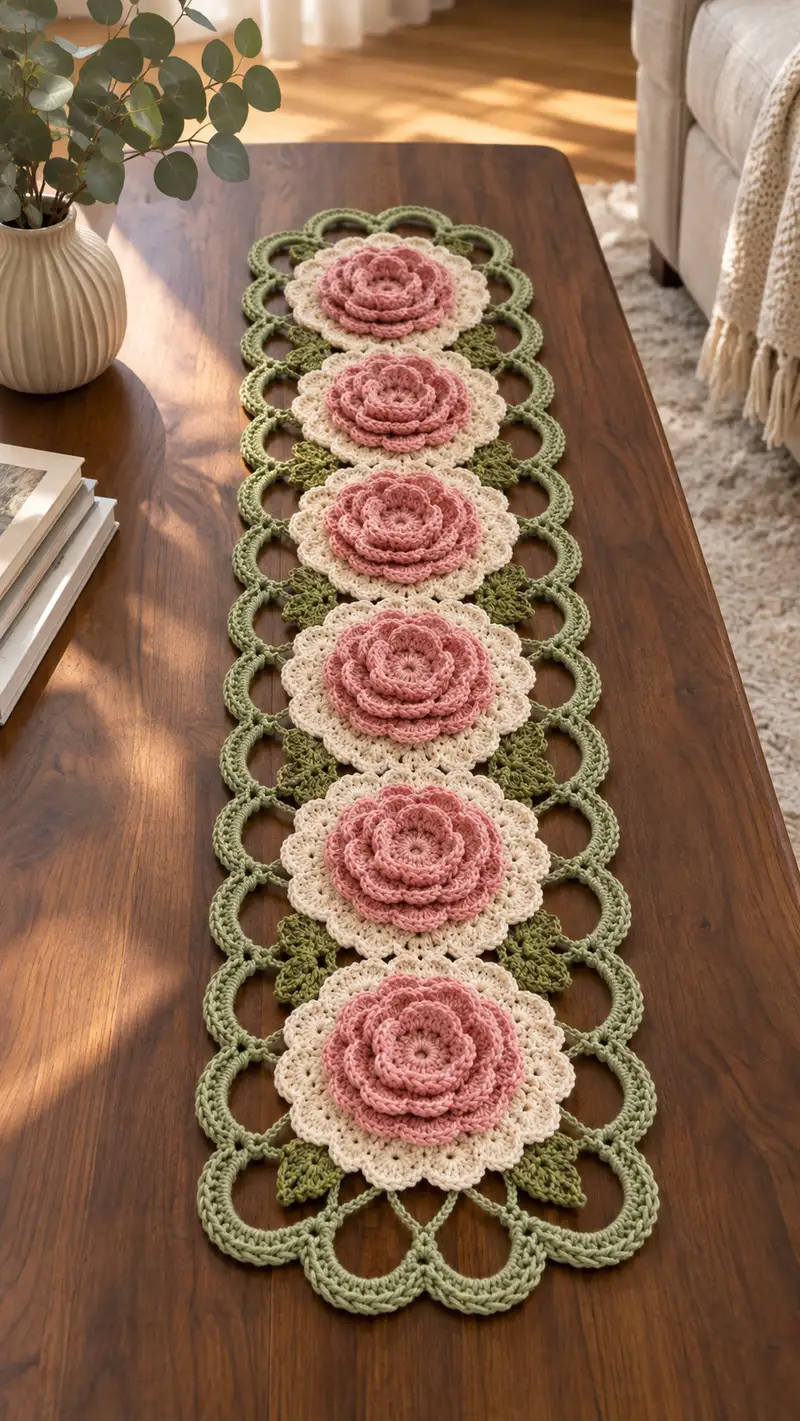 Vintage Rose Table Runner Pattern crochet pattern - detailed view of completed project