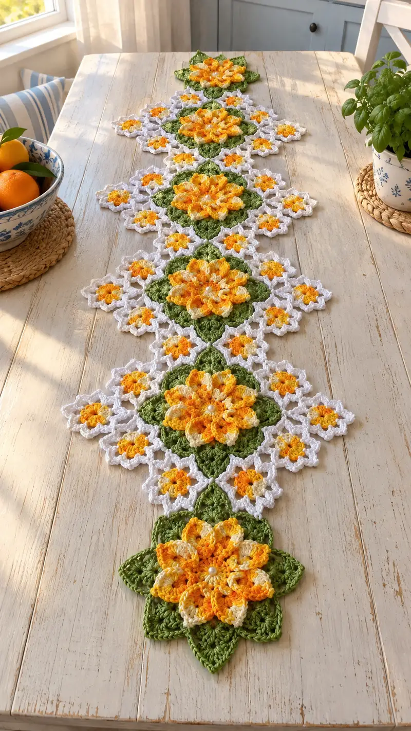 Free crochet pattern: Sunburst Floral Table Runner Pattern - Intermediate level tutorial