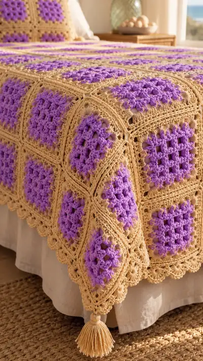 Violet Mesh Granny Square Bedspread Pattern step 2 - assembly progress