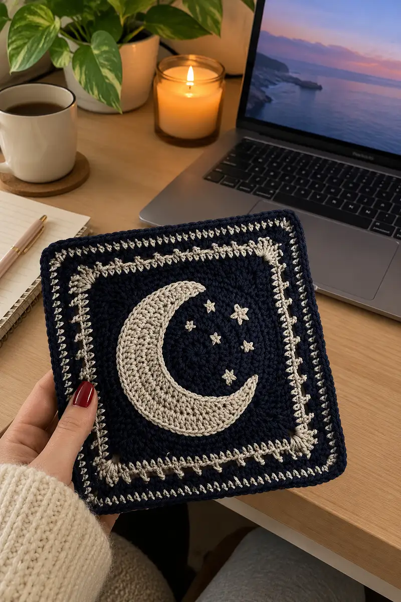 Deep Navy Blue and Silver Celestial Bedspread Pattern crochet pattern - detailed view of completed project
