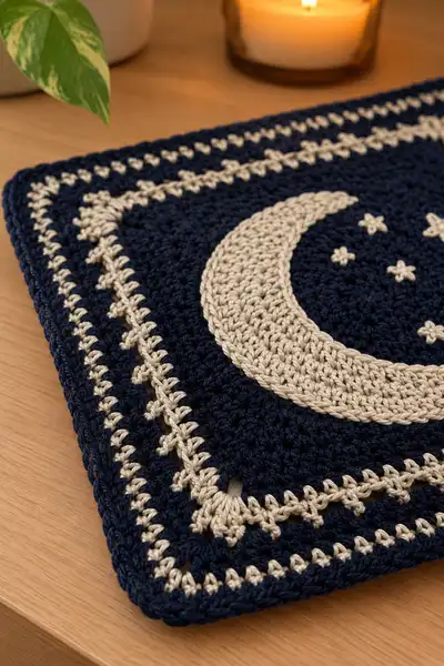 Deep Navy Blue and Silver Celestial Bedspread Pattern step 3 - details and accessories