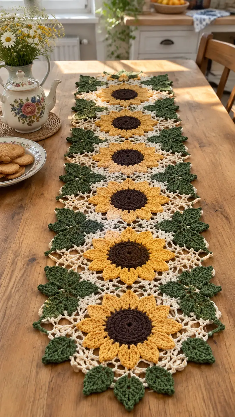 Sunflower Table Runner Pattern crochet pattern - detailed view of completed project
