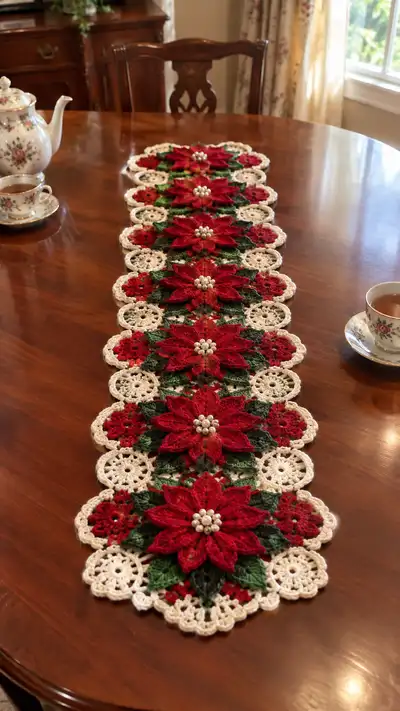 Red Poinsettia Cream Lace Table Runner Pattern step 1 - construction progress