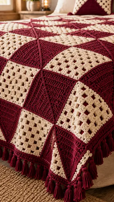 Burgundy Cream Checkerboard Granny Bedspread Pattern step 2 - assembly progress
