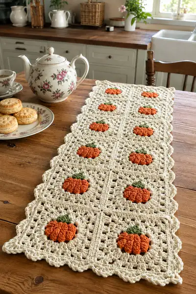 Cream Granny Square Table Runner with Orange Pumpkin Centers Pattern step 1 - construction progress