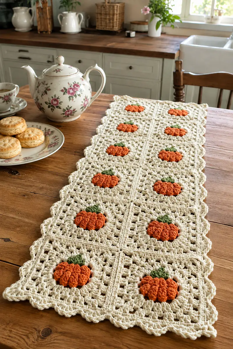 Cream Granny Square Table Runner with Orange Pumpkin Centers Pattern crochet pattern - detailed view of completed project