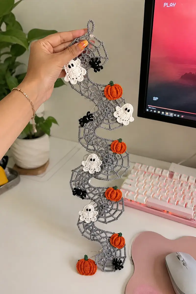 Grey Spiderweb Spiral Halloween Garland with Phantoms and Pumpkins Pattern crochet pattern - detailed view of completed project