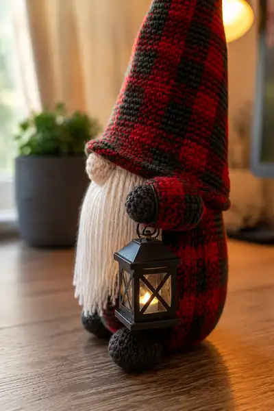 Big Plaid Christmas Gnome Holding a Tiny Lantern Amigurumi Pattern step 2 - assembly progress