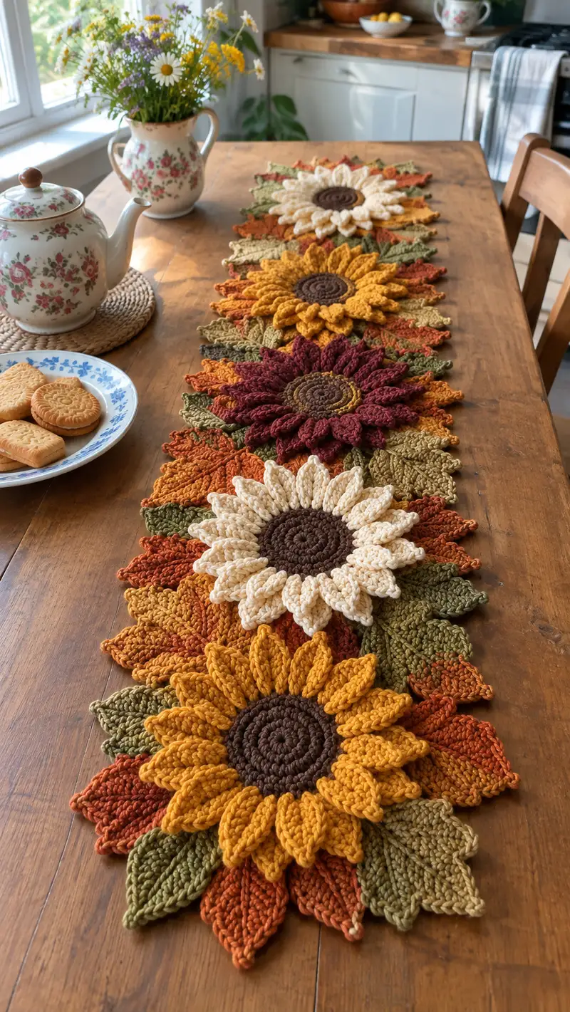Sunflower Table Runner Motif Pattern crochet pattern - detailed view of completed project