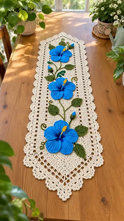 Elegant Blue Hibiscus Table Runner Pattern step 1 - construction progress