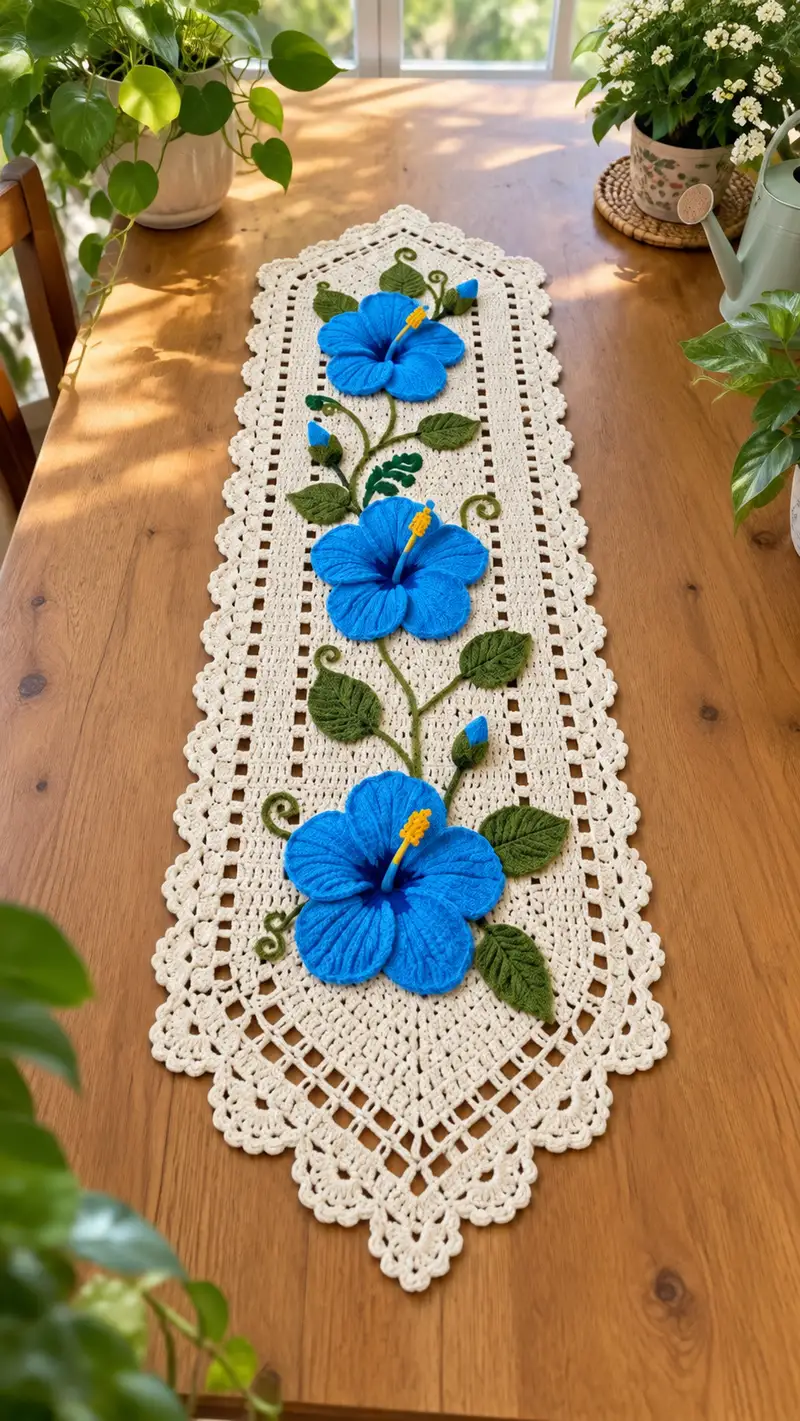 Elegant Blue Hibiscus Table Runner Pattern crochet pattern - detailed view of completed project