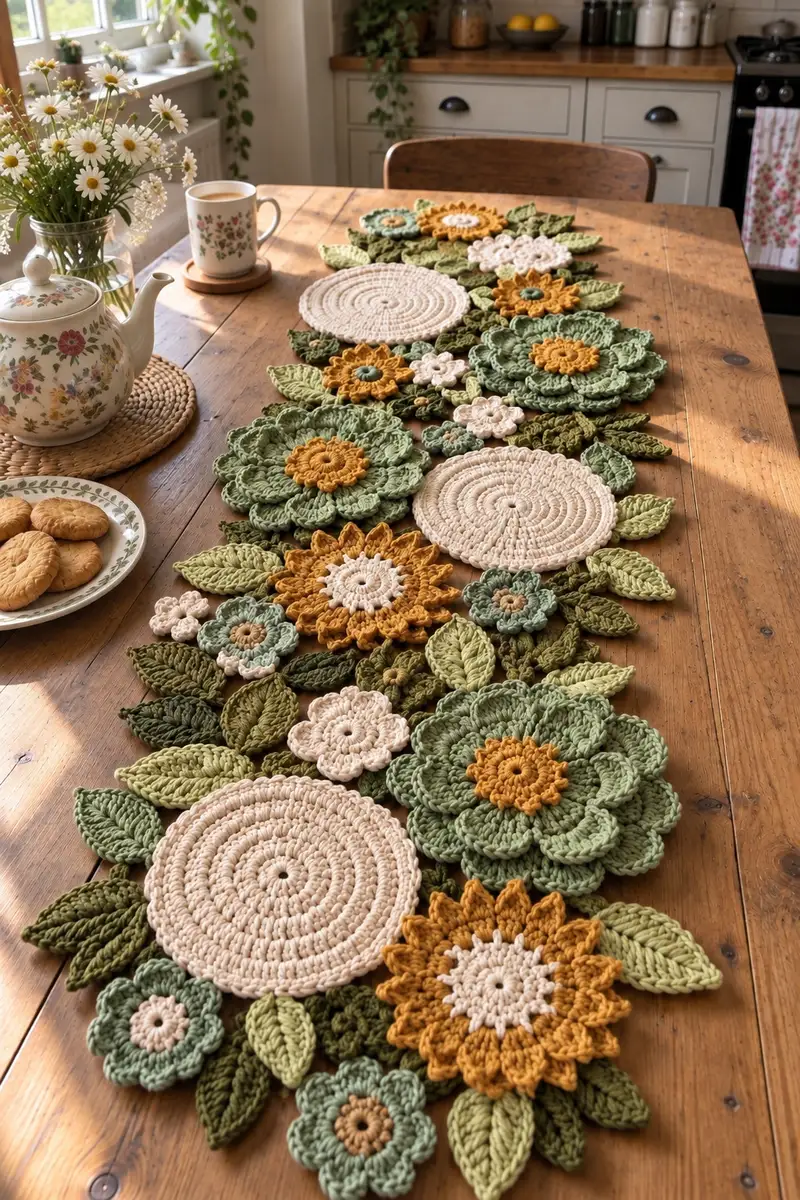 Floral Table Runner Motif Set Pattern crochet pattern - detailed view of completed project