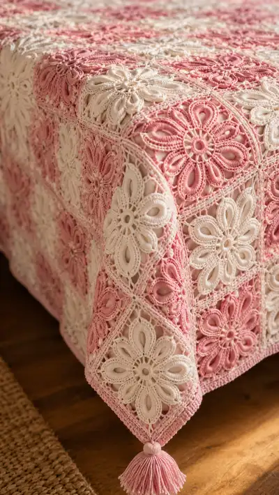 Blush Rose Floral Granny Bedspread Pattern step 2 - assembly progress