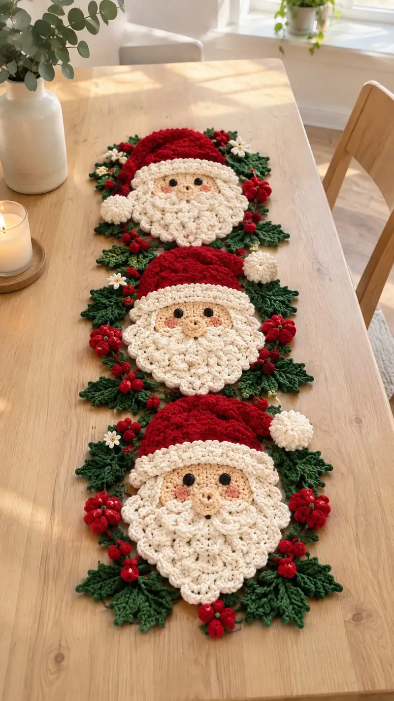 Red And Cream Santa Face Table Runner Pattern crochet pattern - detailed view of completed project