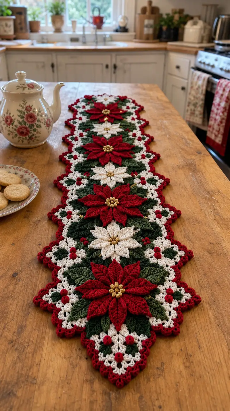 Poinsettia Holiday Table Runner Pattern crochet pattern - detailed view of completed project