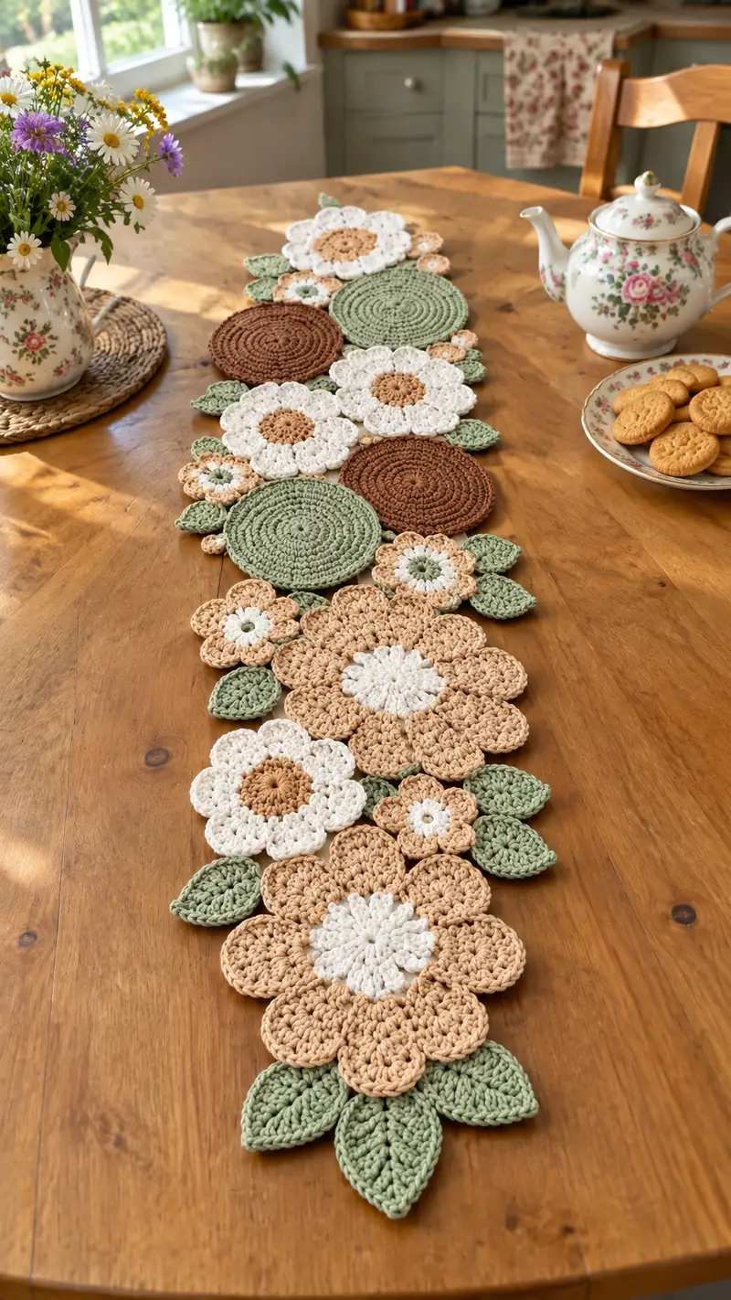 Floral Garden Table Runner Pattern crochet pattern - detailed view of completed project